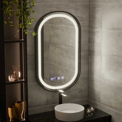 Helmut LED Touch Mirror De-fogging System, Clock and Temperature 50x90 cm Black Frame Brushed Marcello Funghi