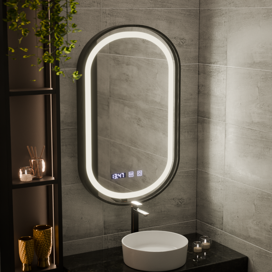 Helmut LED Touch Mirror De-fogging System, Clock and Temperature 50x90 cm Black Frame Brushed Marcello Funghi
