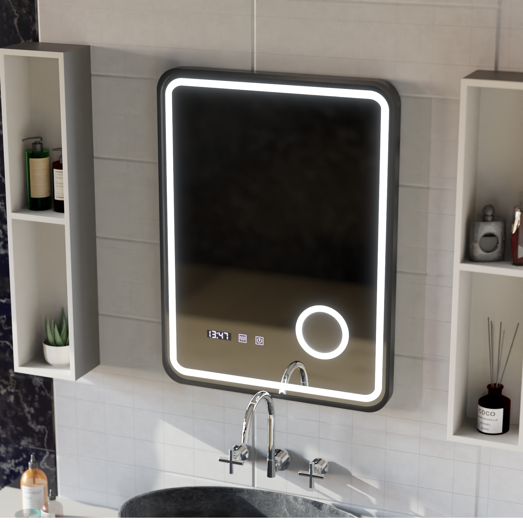 Ulrich LED Touch Mirror De-fogging System, Clock and Temperature 75x90 cm Μαύρο πλαίσιο Βουρτσισμένο καλλυντικό μεγεθυντικός φακός Καθρέφτες Korman S Προεπιλεγμένος τίτλος Alessandro Design