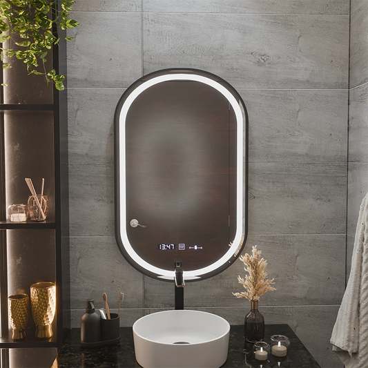 Helmut LED Touch Mirror De-fogging System, Clock and Temperature 50x90 cm Black Frame Brushed Marcello Funghi