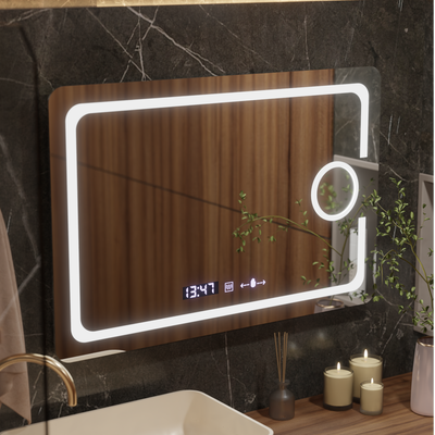 Ορθογώνιος καθρέφτης LED, 120x80cm, Eclat MotionGlow Marcello, Σύστημα Demister, Ρολόι & Θερμόμετρο, Καλλυντικό μεγεθυντικός φακός, Dimable