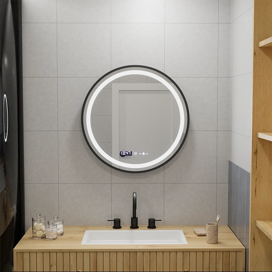 LED Στρογγυλός καθρέφτης, 60cm, Celeste Majesté Noir MotionGlow Marcello, Σύστημα Demister, Ρολόι & Θερμόμετρο, Ρυθμιζόμενο