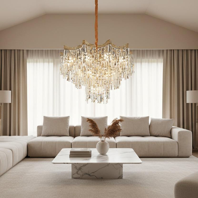 Candelabru Cristal VETRA Regalis 17xE14, D80 cm, Auriu, Inaltime Reglabila, Metal si Cristal