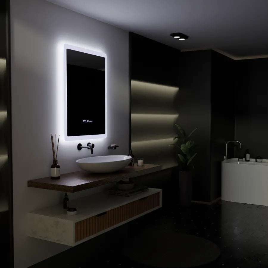 Ορθογώνιος καθρέφτης LED, 60x80 cm, αισθητήρας ELANCEE MotionGlow Marcello, Σύστημα αποθαμβώματος, Ρολόι & Θερμόμετρο, Dimable Mirrors Marcello Προεπιλεγμένος τίτλος Alessandro Design