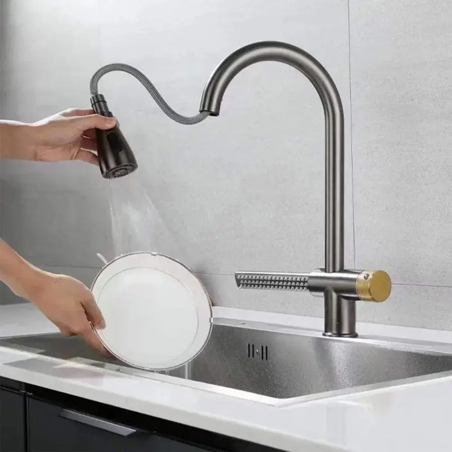 Βρύση κουζίνας με πτυσσόμενη γκρι ντουζιέρα από ανοξείδωτο χάλυβα με λειτουργία καταρράκτη YB1500N Βρύσες κουζίνας Προεπιλεγμένος τίτλος Alessandro Design