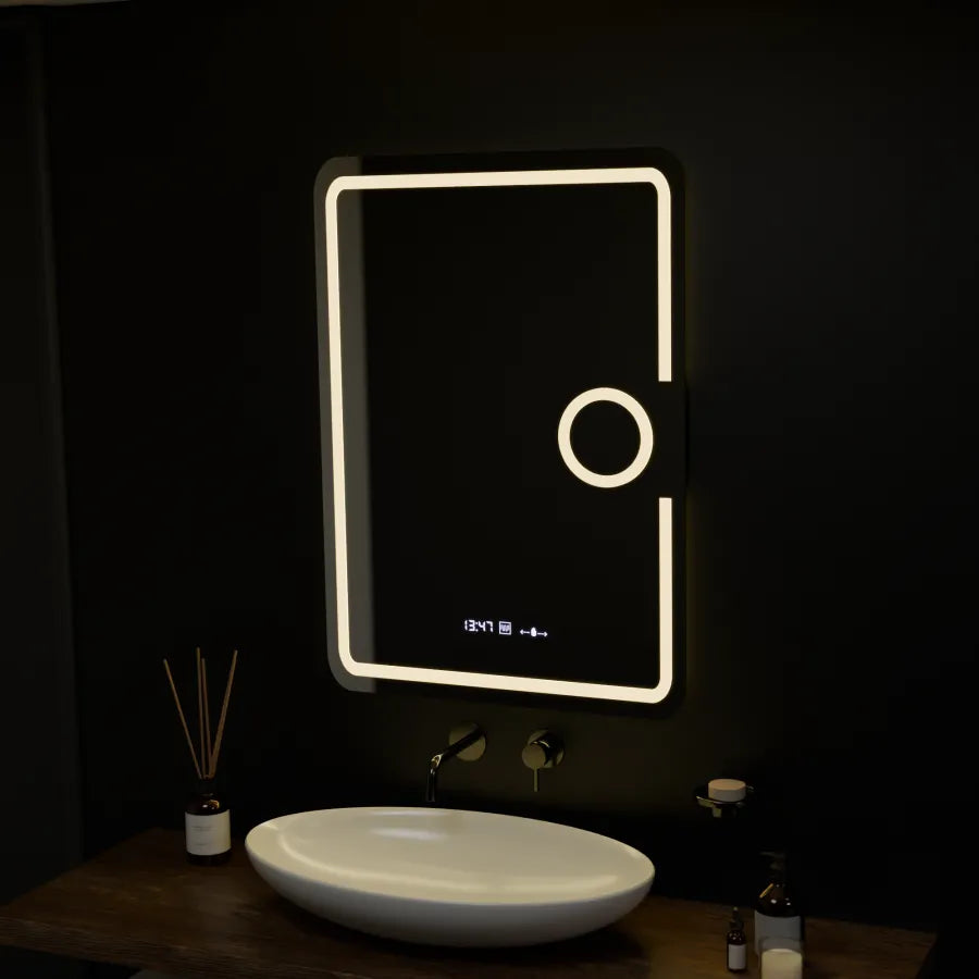 Ορθογώνιος καθρέφτης LED, 50x70 cm, Eclat MotionGlow Marcello, Σύστημα αποθαμβώματος, Ρολόι & Θερμόμετρο, Καλλυντικός Μεγεθυντικός φακός, Dimable Marcello Mirrors Προεπιλεγμένος τίτλος Alessandro Design