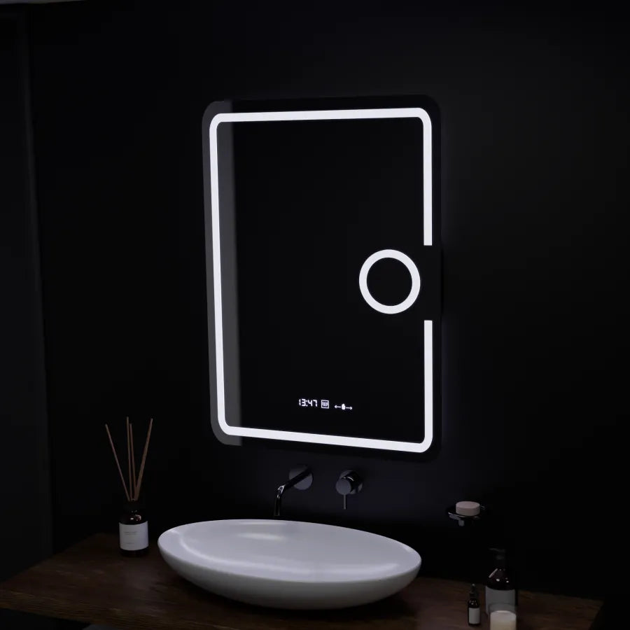 Ορθογώνιος καθρέφτης LED, 50x70 cm, Eclat MotionGlow Marcello, Σύστημα αποθαμβώματος, Ρολόι & Θερμόμετρο, Καλλυντικός Μεγεθυντικός φακός, Dimable Marcello Mirrors Προεπιλεγμένος τίτλος Alessandro Design