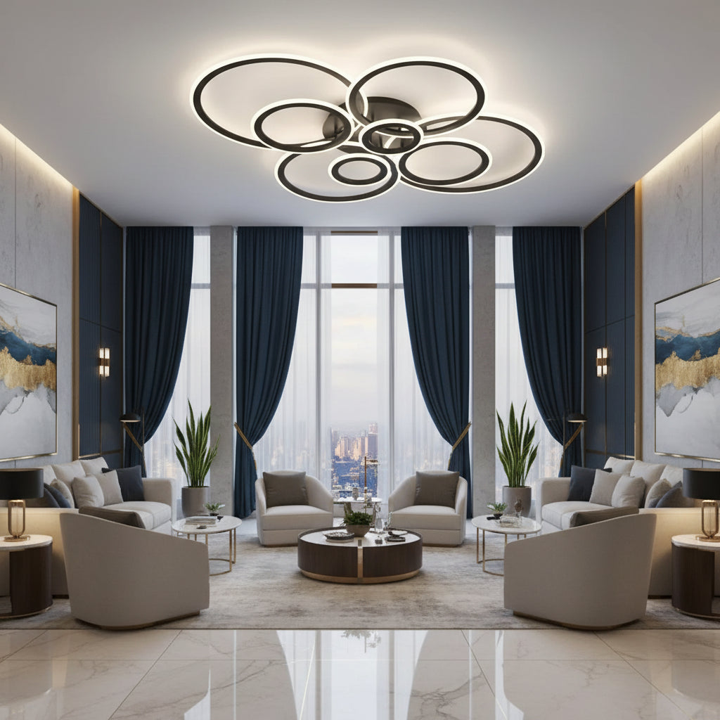 Πολυέλαιος LED με τηλεχειριστήριο BETTY 127W, 8 κύκλοι, κρύο/θερμ/ουδέτερο φως, ρυθμιζόμενο, μαύροι πολυέλαιοι LED με τηλεχειριστήριο Προεπιλεγμένος τίτλος Alessandro Design