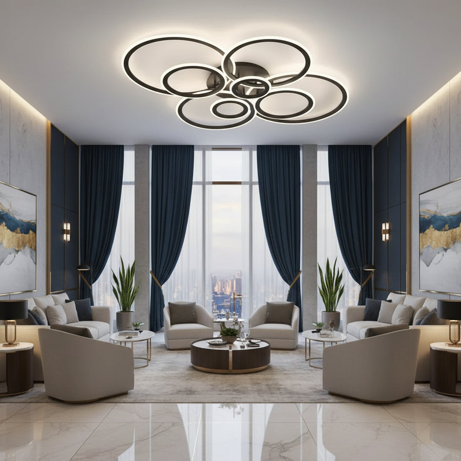 Πολυέλαιος LED με τηλεχειριστήριο BETTY 127W, 8 κύκλοι, κρύο/θερμ/ουδέτερο φως, ρυθμιζόμενο, μαύροι πολυέλαιοι LED με τηλεχειριστήριο Προεπιλεγμένος τίτλος Alessandro Design