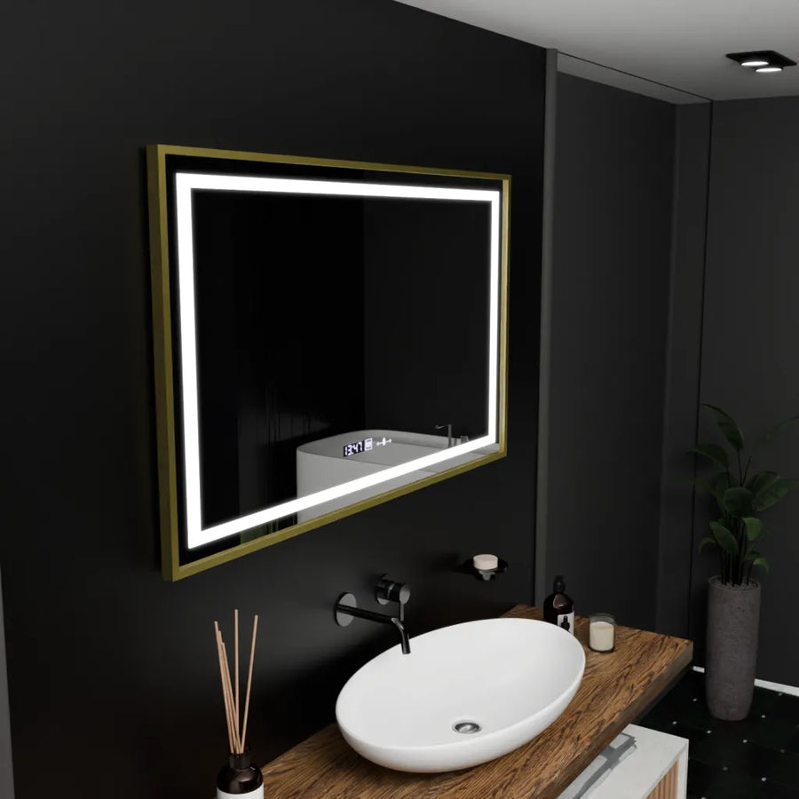 Ορθογώνιος καθρέφτης LED, 100x80cm, Verite Royale Gold Motion Glow Marcello, Σύστημα αποθάμβωσης, Ρολόι & Θερμόμετρο, Dimable Καθρέφτες Marcello Προεπιλεγμένος τίτλος Alessandro Design