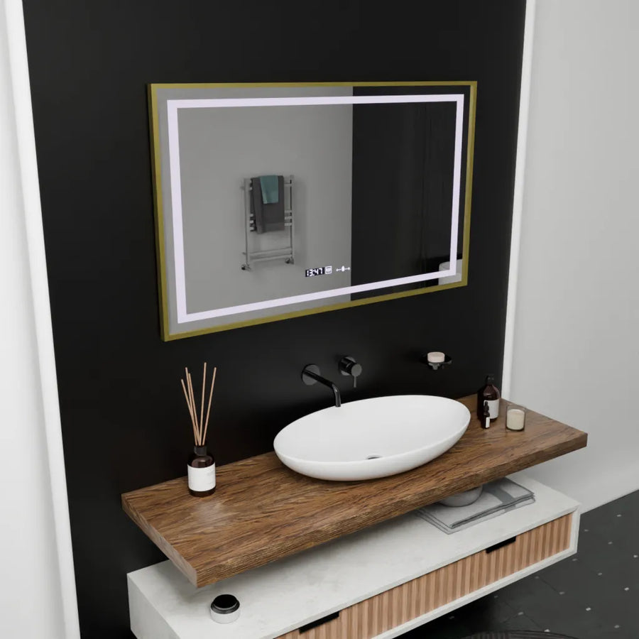 Ορθογώνιος καθρέφτης LED, 100x80cm, Verite Royale Gold Motion Glow Marcello, Σύστημα αποθάμβωσης, Ρολόι & Θερμόμετρο, Dimable Καθρέφτες Marcello Προεπιλεγμένος τίτλος Alessandro Design