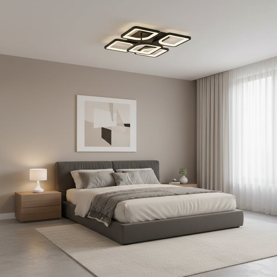 Πολυέλαιος LED με τηλεχειριστήριο ZOE 65W, 5 Τετράγωνα, Κρύο/Ζεστό/Ουδέτερο φως, Ρυθμιζόμενο, Μαύροι πολυέλαιοι LED με τηλεχειριστήριο Προεπιλεγμένος τίτλος Alessandro Design