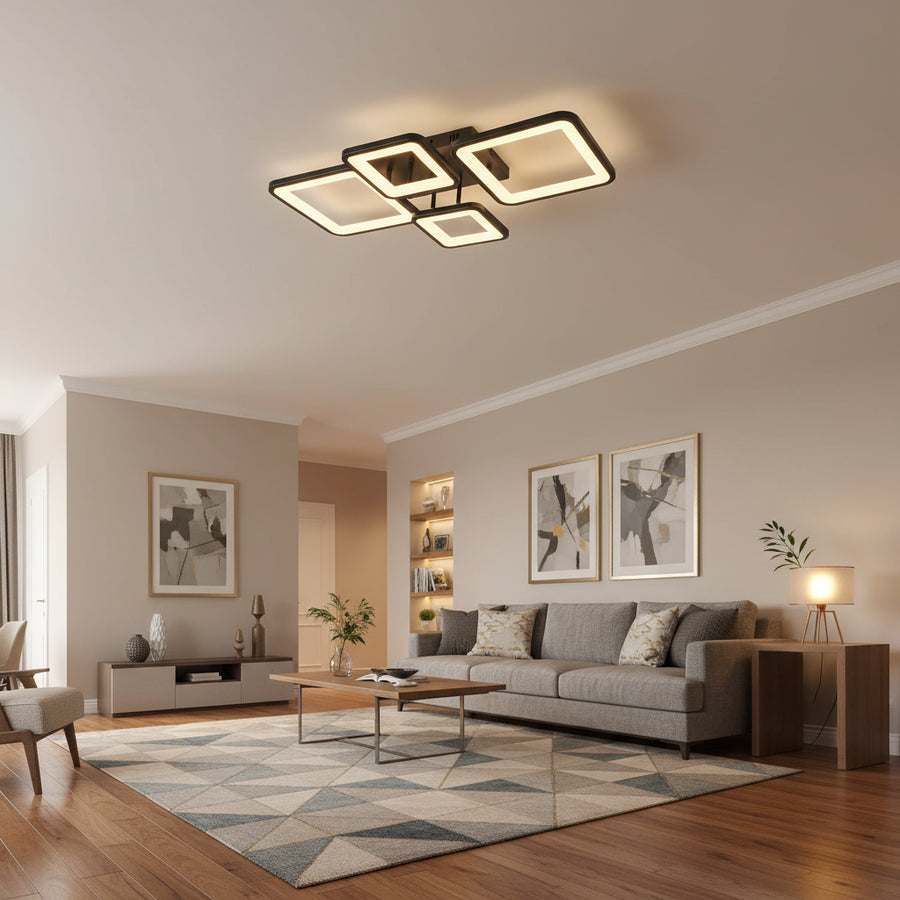 Πολυέλαιος LED με τηλεχειριστήριο MUGE 112W, 4 τετράγωνα, κρύο/θερμό/ουδέτερο φως, ρυθμιζόμενο, μαύροι πολυέλαιοι LED με τηλεχειριστήριο Προεπιλεγμένος τίτλος Alessandro Design