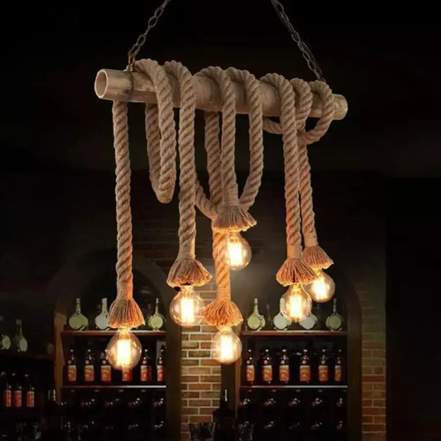 NIDIA Chandelier, 6xE27, Brown, Bamboo and Rope Vintage Chandeliers Προεπιλεγμένος τίτλος Alessandro Design