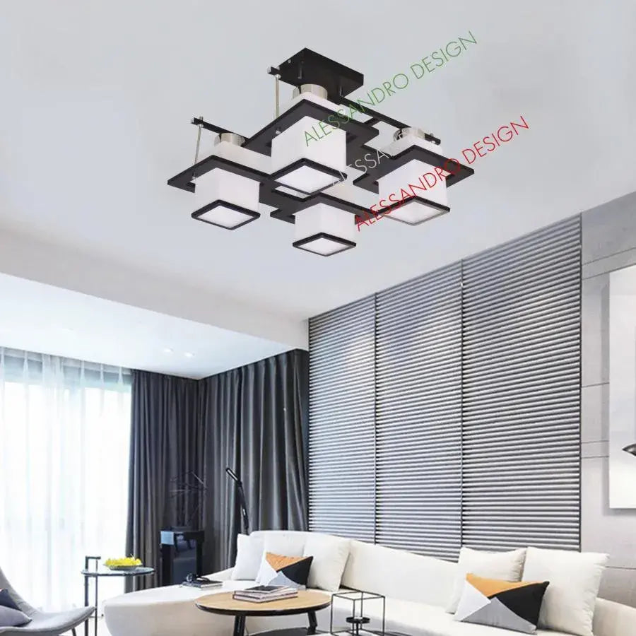 Aramis Classic Chandelier with Wood, Square Shade, 4 X E27 Socket, White / Black Classic Chandeliers Προεπιλεγμένος τίτλος Alessandro Design