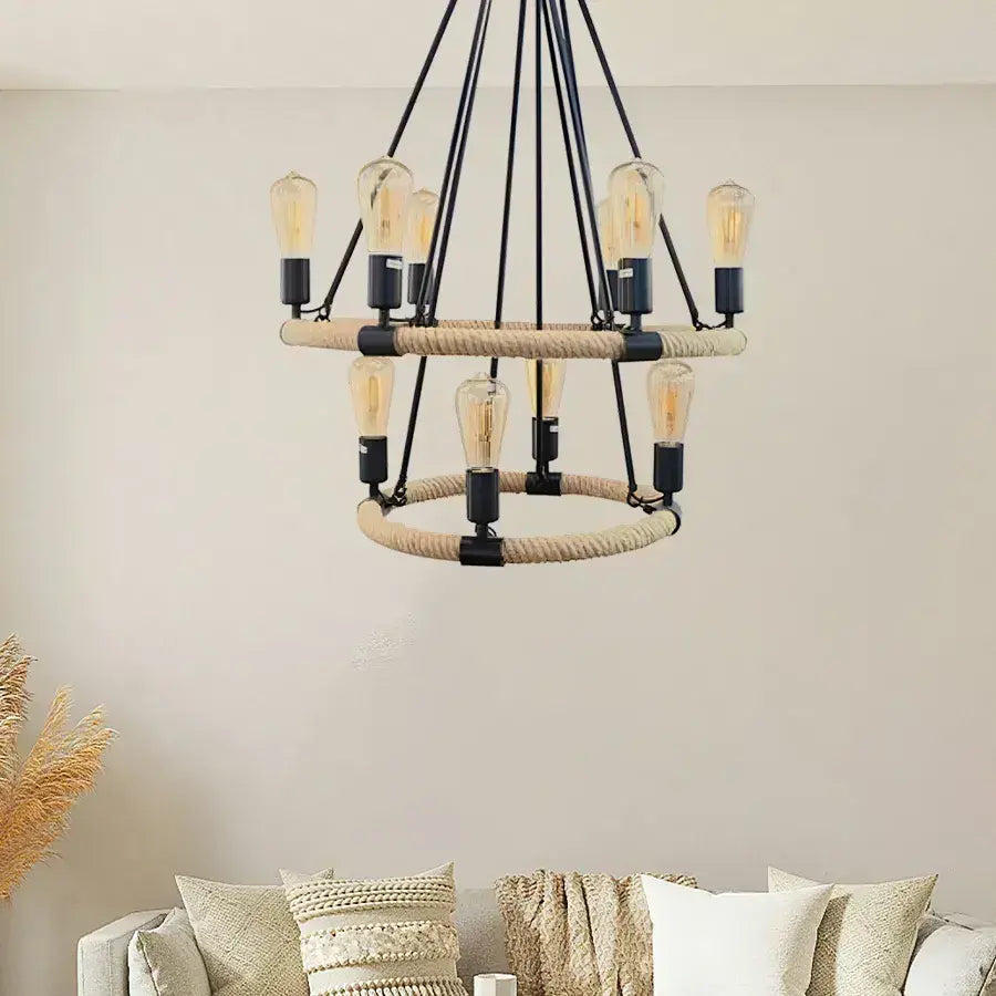 Rustic Chandelier, 10xE27, Brown, Metal and String Vintage Chandelier Προεπιλεγμένος τίτλος Alessandro Design