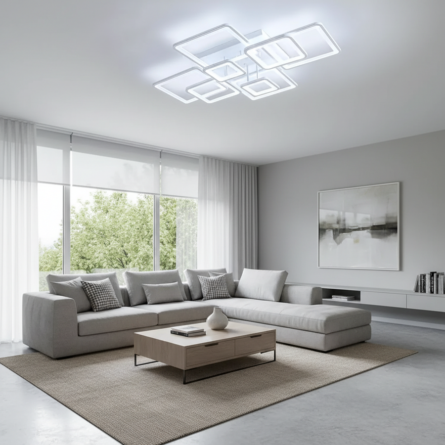 Πολυέλαιος LED με τηλεχειριστήριο ELLA 187W, 8 τετράγωνα, κρύο/θερμ/ουδέτερο φως, ρυθμιζόμενο, λευκός πολυέλαιος LED με τηλεχειριστήριο Προεπιλεγμένος τίτλος Alessandro Design