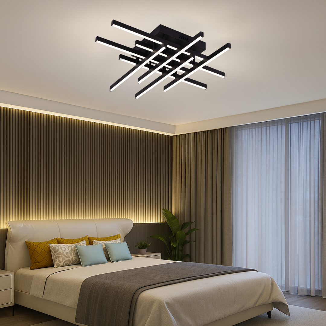 Πολυέλαιος LED με Τηλεχειριστήριο LINEX, 108W, 8 στοιχεία, Κρύο/Ζεστό/Ουδέτερο φως, Ρυθμιζόμενο, Μαύροι πολυέλαιοι LED με Τηλεχειριστήριο Προεπιλεγμένος τίτλος Alessandro Design