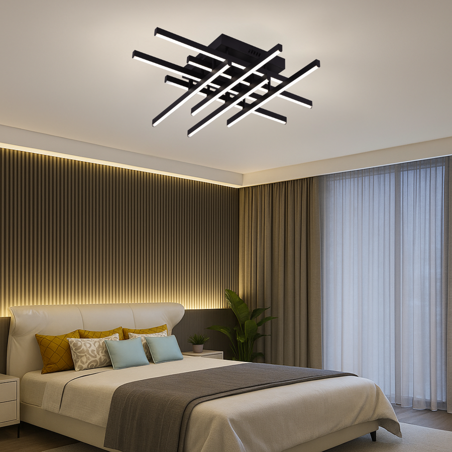 Πολυέλαιος LED με Τηλεχειριστήριο LINEX, 108W, 8 στοιχεία, Κρύο/Ζεστό/Ουδέτερο φως, Ρυθμιζόμενο, Μαύροι πολυέλαιοι LED με Τηλεχειριστήριο Προεπιλεγμένος τίτλος Alessandro Design