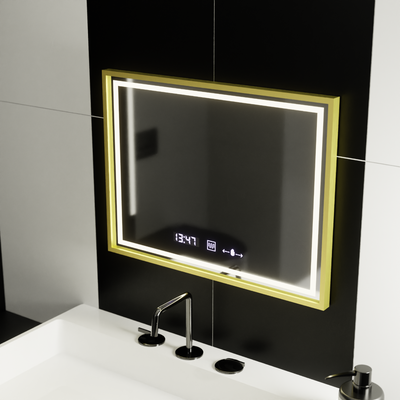 Ορθογώνιος καθρέφτης LED, 80x60cm, Verite Royale Gold MotionGlow Marcello, Σύστημα Demister, Ρολόι & Θερμόμετρο, Ρυθμιζόμενο