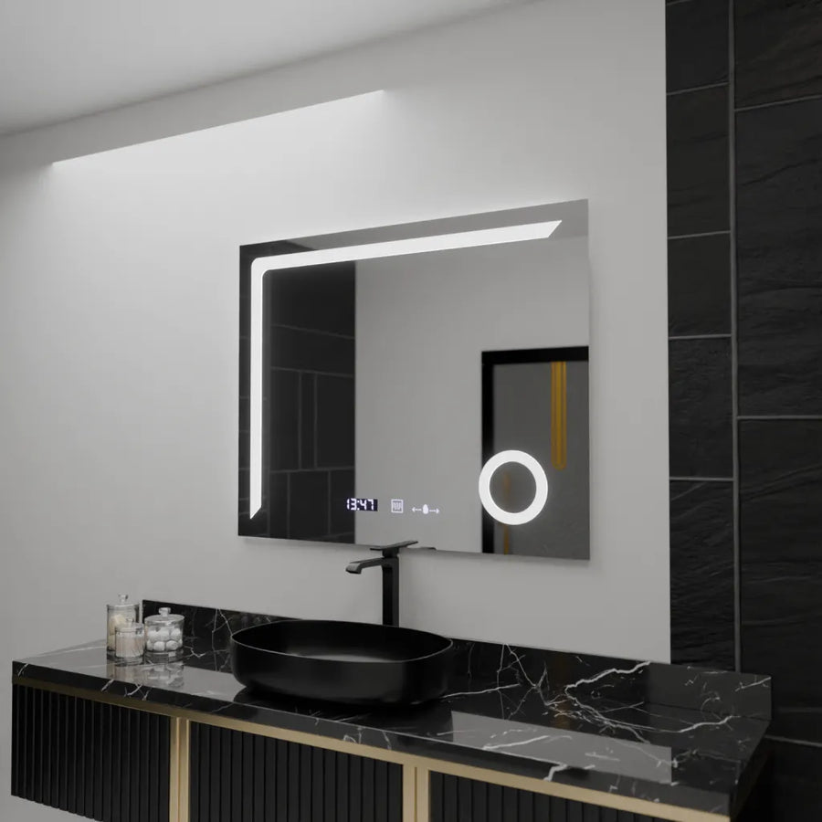 Ορθογώνιος καθρέφτης LED, 100x80 cm, Precision MotionGlow Marcello, Σύστημα αποθολώματος, Ρολόι & Θερμόμετρο, Καλλυντικός Μεγεθυντικός φακός, Καθρέφτες Dimable Marcello Προεπιλεγμένος τίτλος Alessandro Design