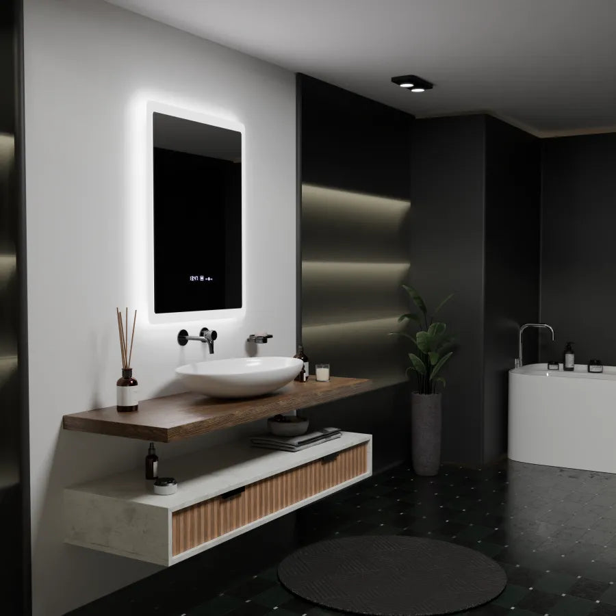 Ορθογώνιος καθρέφτης LED, 60x80 cm, αισθητήρας ELANCEE MotionGlow Marcello, Σύστημα αποθαμβώματος, Ρολόι & Θερμόμετρο, Dimable Mirrors Marcello Προεπιλεγμένος τίτλος Alessandro Design