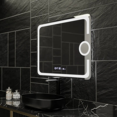Ορθογώνιος καθρέφτης LED, 80x60cm, Eclat MotionGlow Marcello, Σύστημα Demister, Ρολόι & Θερμόμετρο, Καλλυντικός Μεγεθυντικός φακός, Ρυθμιζόμενος
