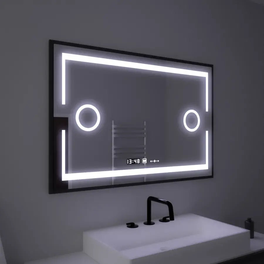 Ορθογώνιος καθρέφτης LED, 120x80 cm, Αισθητήρας Marcello MotionGlow, Σύστημα αποθολώματος, Ρολόι & Θερμόμετρο, Καλλυντικός Μεγεθυντικός φακός, Ρυθμιζόμενοι καθρέφτες Marcello Προεπιλεγμένος τίτλος Alessandro Design