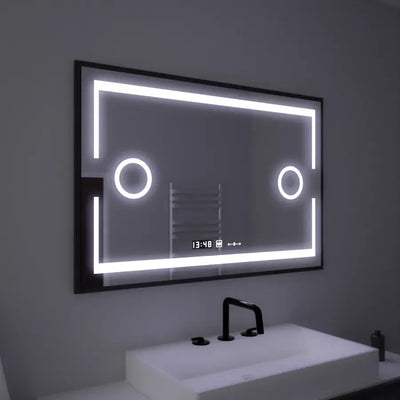 Ορθογώνιος καθρέφτης LED, 120x80 cm, Αισθητήρας Marcello MotionGlow, Σύστημα αποθολώματος, Ρολόι & Θερμόμετρο, Καλλυντικός Μεγεθυντικός φακός, Ρυθμιζόμενος