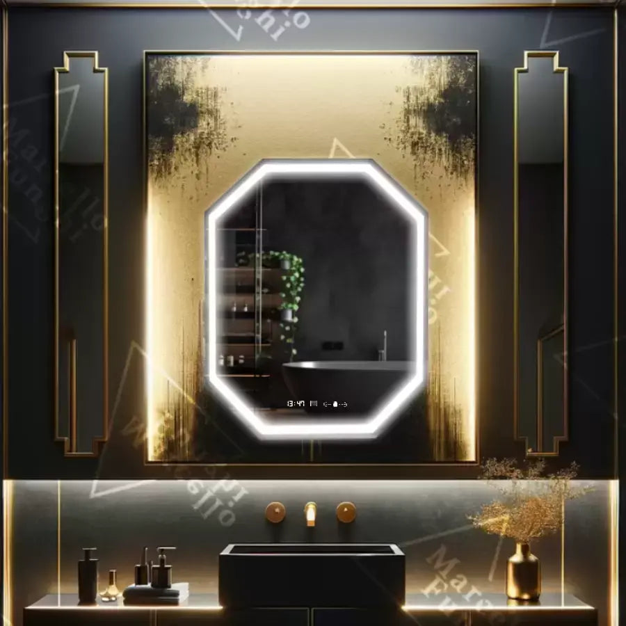 Καθρέφτης LED Polygon, 60x80cm, Αισθητήρας Ralya MotionGlow Marcello, Σύστημα αποθολώματος, Ρολόι & Θερμόμετρο, Dimabila Mirrors Marcello Προεπιλεγμένος τίτλος Alessandro Design