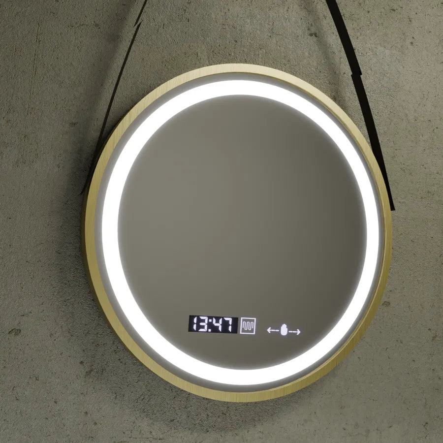 Στρογγυλός καθρέφτης LED, 60 cm, Celeste Royale Gold Eleve MotionGlow Marcello, Σύστημα αποθαμβώματος, Ρολόι & Θερμόμετρο, Ρυθμιζόμενο, Αποσπώμενο λουρί Καθρέφτες Marcello Προεπιλεγμένος τίτλος Alessandro Design