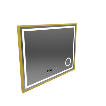 Σύστημα αποθολώματος καθρέφτη αφής CLARUS LED, ρολόι και θερμοκρασία 80x60 cm Βουρτσισμένο χρυσό πλαίσιο Καλλυντικό μεγεθυντικός φακός