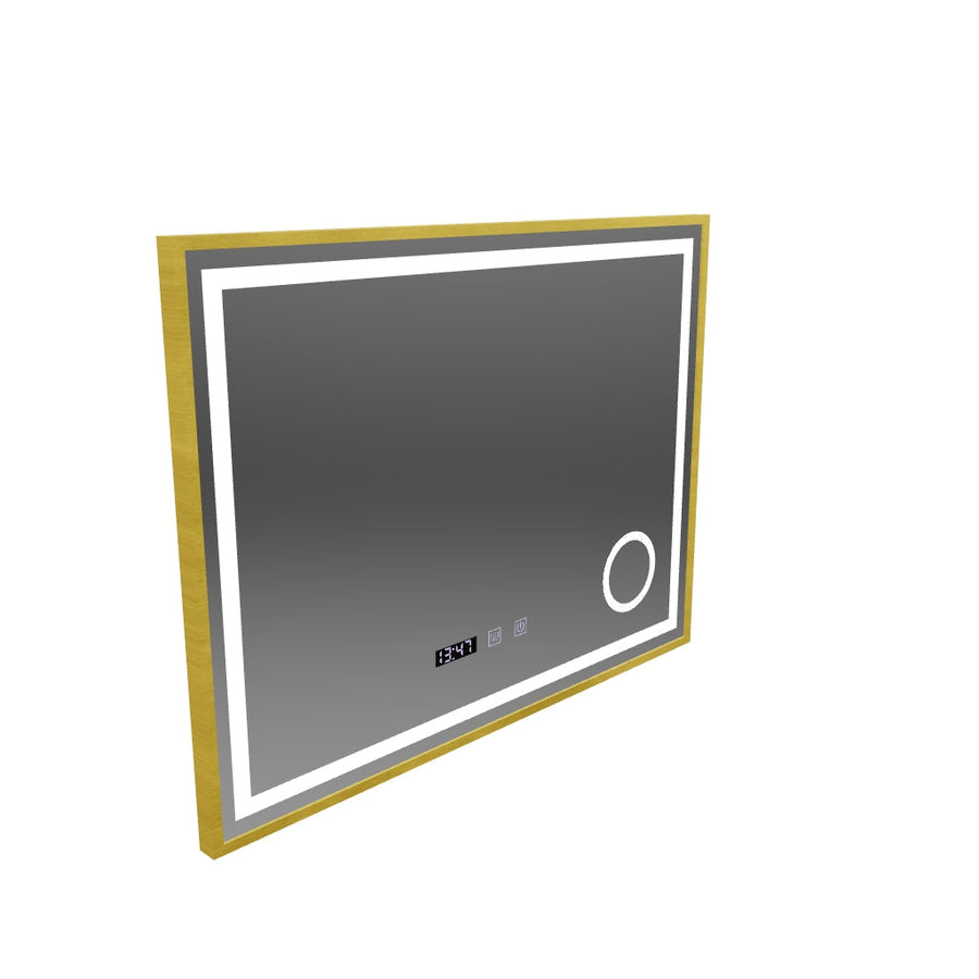 Σύστημα αποθολώματος καθρέφτη αφής CLARUS LED, ρολόι και θερμοκρασία 80x60 cm Βουρτσισμένο χρυσό πλαίσιο Καλλυντικό μεγεθυντικός φακός