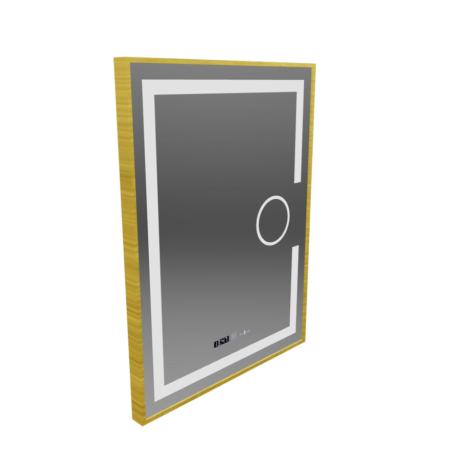 Ορθογώνιος καθρέφτης LED, 60x80cm, Eclat MotionGlow Marcello, Σύστημα Demister, Ρολόι & Θερμόμετρο, Καλλυντικό μεγεθυντικός φακός, Dimable, Βουρτσισμένο χρυσό πλαίσιο