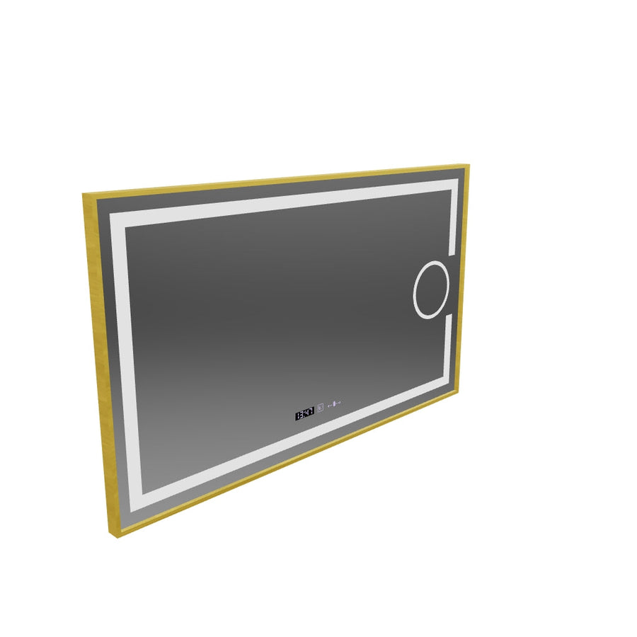 Ορθογώνιος καθρέφτης LED, 120x80cm, Eclat MotionGlow Marcello, Σύστημα Demister, Ρολόι & Θερμόμετρο, Καλλυντικό Μεγεθυντικός φακός, Dimable, Βουρτσισμένο χρυσό πλαίσιο