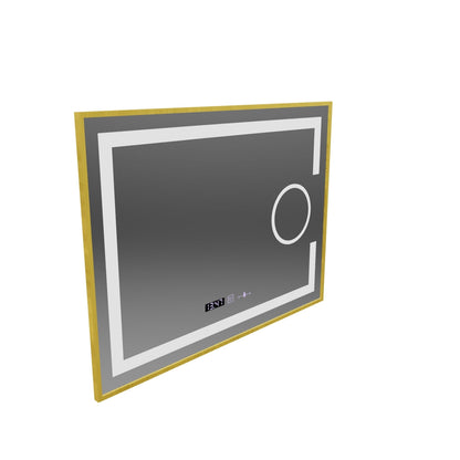 Ορθογώνιος καθρέφτης LED, 80x60cm, Eclat MotionGlow Marcello, Σύστημα αποθάμβωσης, Ρολόι & Θερμόμετρο, Καλλυντικό μεγεθυντικός φακός, Dimable, Βουρτσισμένο χρυσό πλαίσιο