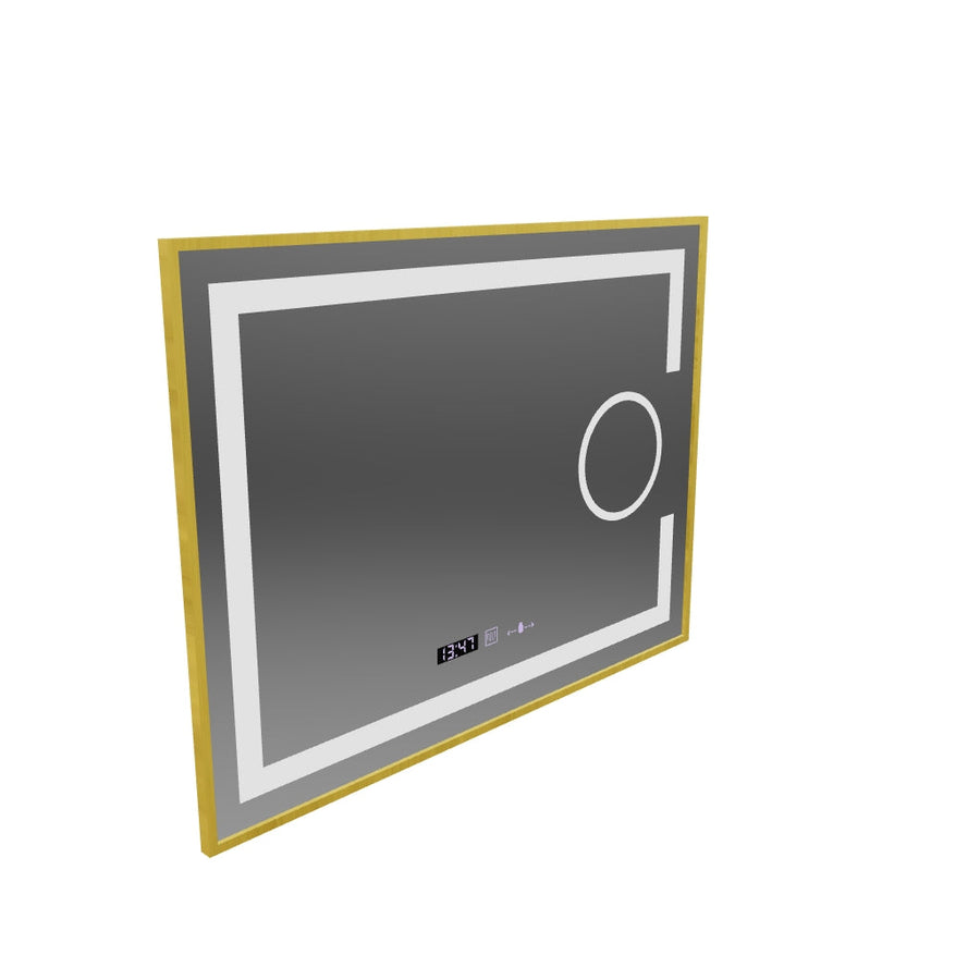 Ορθογώνιος καθρέφτης LED, 80x60cm, Eclat MotionGlow Marcello, Σύστημα αποθάμβωσης, Ρολόι & Θερμόμετρο, Καλλυντικό μεγεθυντικός φακός, Dimable, Βουρτσισμένο χρυσό πλαίσιο